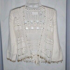 Soft Surroundings Boho Crochet Beaded Cardigan Sweater Medium Ramie Cotton